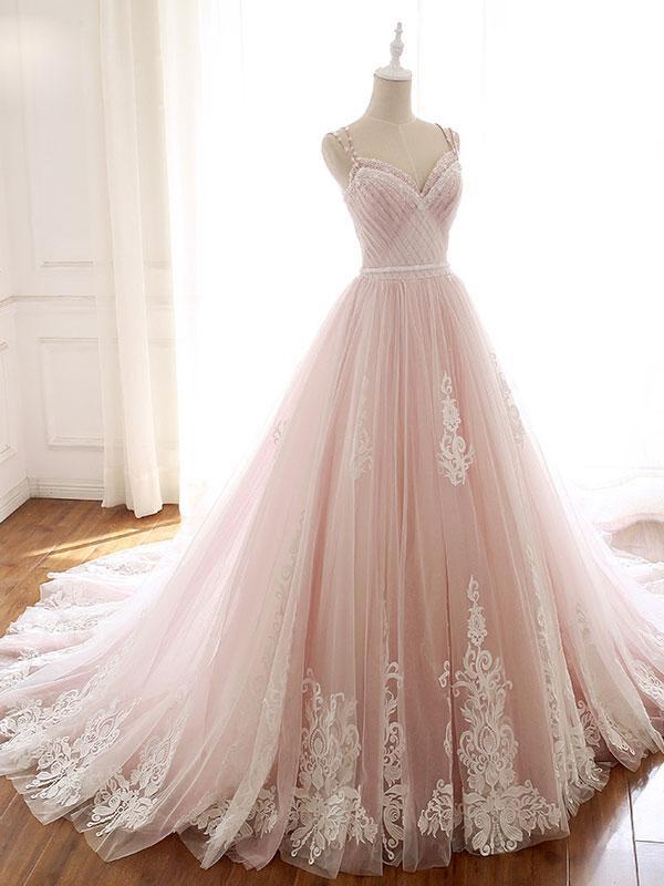 Luolandi Unique A Line Pink Sweetheart Tulle Spaghetti Straps Long Lace Prom Dresses Beautiful